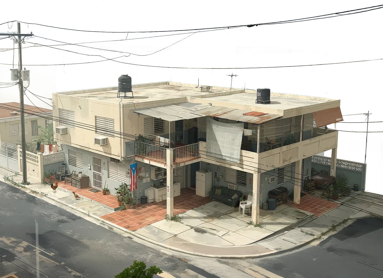 Ilustración de una casa de esquina de dos plantas en Puerto Rico: rejas ornamentales, losas de terracota, cisternas de agua en el techo y cables eléctricos cruzando la calle